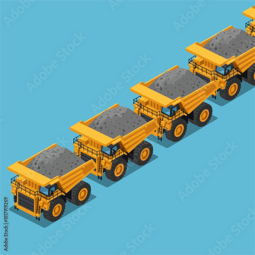 Isometric convoy of heavy yellow mining dump trucks in a row.