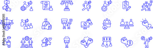Human Rights, Social Justice, and Activism Icons Set in Blue Outline Style