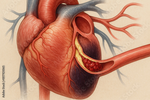 Concerning medical illustration of human heart with blocked coronary artery. This cardiovascular anatomy shows plaque buildup, blood clot, and cardiac ischemia from disease
