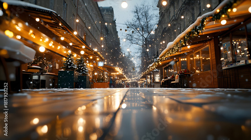 Snow falls on brightly lit outdoor market stalls lining a cobblestone street in winter