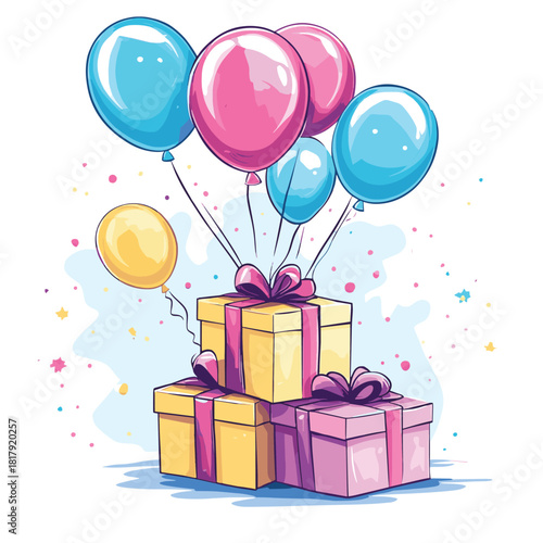 Colorful Stacked Gift Boxes with Balloons for Celebrations , vector style simple color