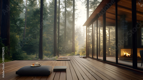 Modern glass house deck overlooks misty redwood forest with warm fireplace glow inside