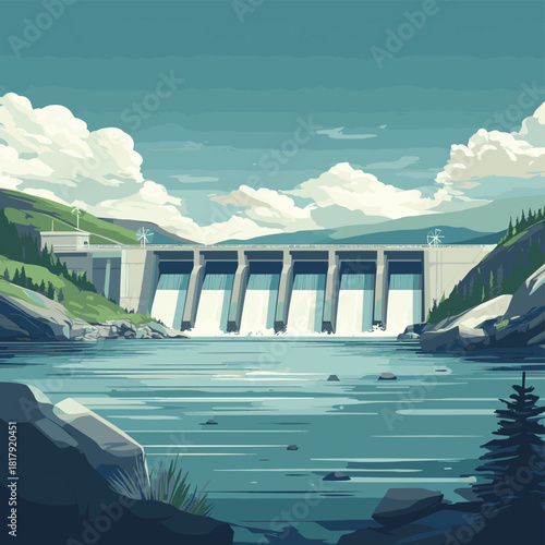 Hydroelectric Dam in a Green Mountainous Valley Generating Clean Power , vector style simple color