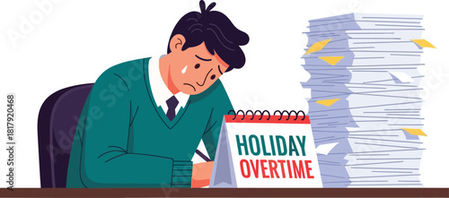 Man working overtime on holiday with calendar and stack of papers on the desk professional EPS vector artwork ready to use