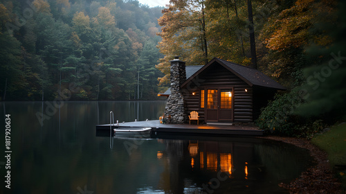 Cozy illuminated log cabin rests on dark water near a dense forest hillside during twilight