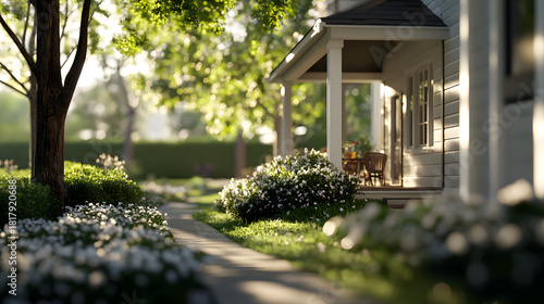 Sunlight streams illuminating a white suburban house porch with a blooming flower garden and pathway
