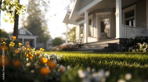 Low angle view of vibrant flowers and green lawn near a traditional American house porch in bright sunlight