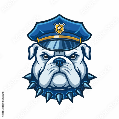 Police bulldog mascot – vector illustration of dog with blue police hat and spiked collar