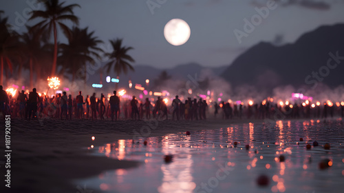 Silhouetted crowd gathers on beach at night with torches under a large full moon and distant lights