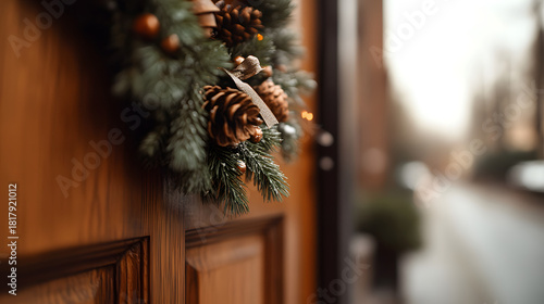 Close up of a natural evergreen Christmas wreath with pinecones and a gold ribbon on a wooden door