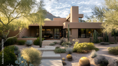 Modern desert home with tan stucco exterior showcases xeriscape landscaping and natural light