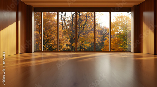 Interior view showcases polished wooden floor and paneling overlooking a dense autumnal forest view