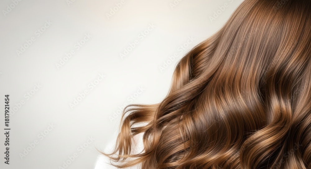 Naklejka premium Beautiful long wavy hair of a woman with shiny brown locks cascading over her shoulder, showcasing healthy hair care and beauty, ideal for hair product marketing and inspiration