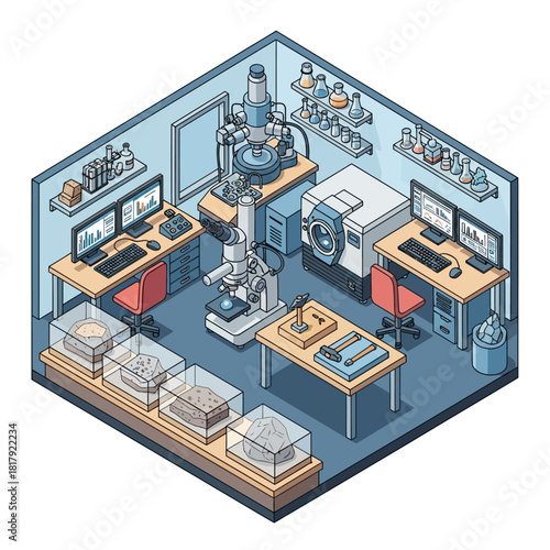 Isometric illustration of a modern scientific research laboratory with advanced equipment.
