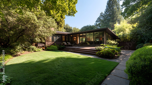 Modernist ranch style house exterior with large glass windows opening onto a wooden deck and manicured lawn