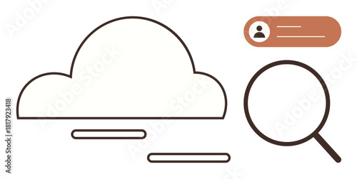 Cloud icon with a magnifying glass exploring data connections, user profile tooltip suggesting access management. Ideal for data storage, cloud solutions, user management, security, research
