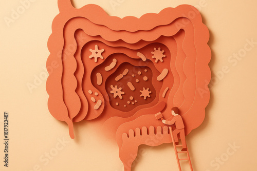 Paper cut illustration concept of gut health and digestion. tiny figure repairing intestine lining represents healing microbiome and anatomy with care