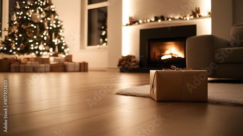Cozy evening scene with glowing Christmas tree warm fireplace and wrapped presents on wooden floor