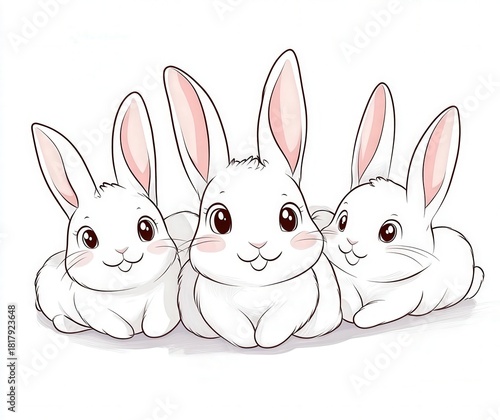 Cute Cartoon Style Simple Line Drawing of Three Adorable White Rabbits in a Playful Pose