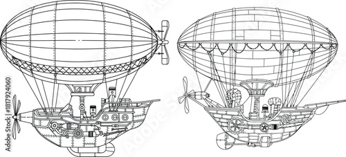 Intricate steampunk airships with gears and propellers illustrate a whimsical flying machine from an alternate history