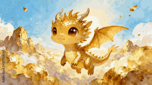 Fiery Golden Dragon Little Golden Dragon isolated watercolor vector illustration svg