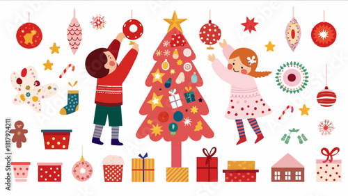 Children Decorating a Festive Christmas Tree