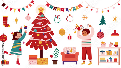 Children Decorating a Festive Christmas Tree