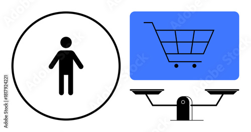 Person icon next to a shopping cart inside a screen and balance scales represent consumer behavior, commerce, decision-making, equality, shopping choices, rights, and ethical trade in a simple flat