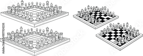 Isometric line art illustration of chess boards fully set with pieces for strategic gameplay and thinking