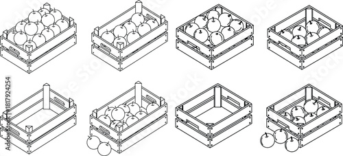 Isometric line art illustration of wooden crates filled with fresh fruits and some empty for market displays