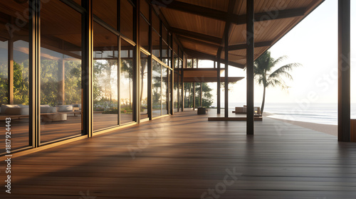 Luxury modern beachfront villa deck with floor to ceiling glass walls overlooks tropical sunset