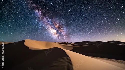Desert sand dunes under Milky Way galaxy.
