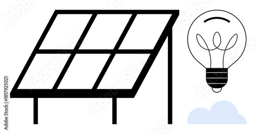 Solar panel and glowing light bulb representing renewable energy, sustainability, innovation, and eco-friendly solutions. Ideal for green technology, renewable energy, clean power, climate action