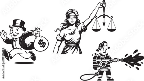 Justice scales firefighter money bag and top hat man illustration