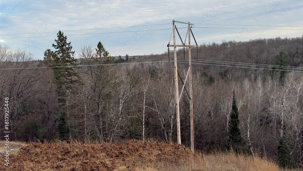 Fototapeta premium Autumn in the mountains of the Michigan Upper Peninsula along a high-voltage power line corridor.