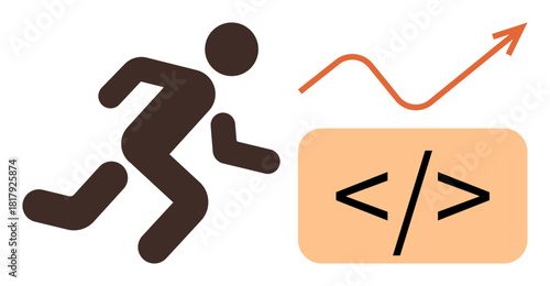 Person running toward coding brackets with upward arrow suggesting progress, innovation, and success. Ideal for technology, growth, data, achievement, learning efficiency adaptability. Simple flat