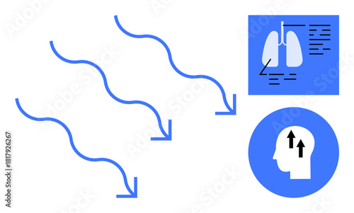 Airflow concept. Blue arrows indicate airflow movement, paired with human lung and head diagrams emphasizing airflow and respiration. Ideal for medical, respiratory studies, health awareness
