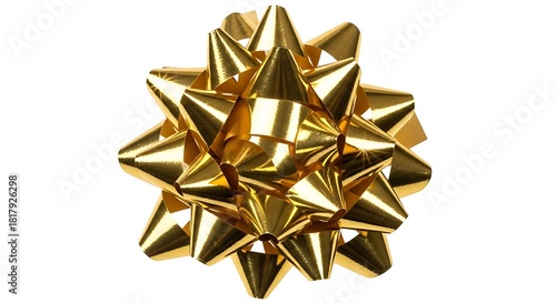 Shiny Gold Gift Bow Decoration Isolated on White Background for Celebration and Holiday Presents