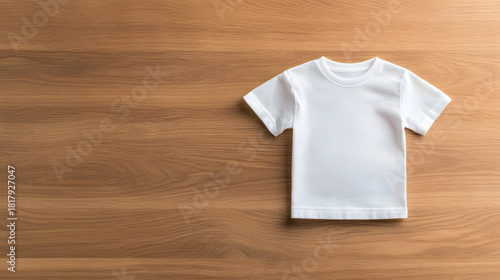 Blank white child's t shirt mockup resting on a warm natural wood grain surface background