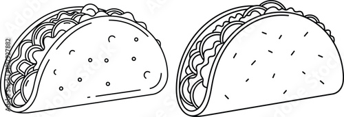 Line illustration depicting two savory Mexican tacos filled with a blend of meat and vegetables
