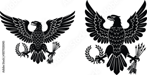 Majestic heraldic eagle symbols with outstretched wings, clutching laurel wreaths and arrows