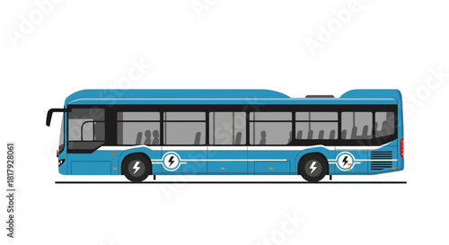 Side view of a modern blue electric city bus for public transportation, isolated on a white background. Vector illustration of eco-friendly transport