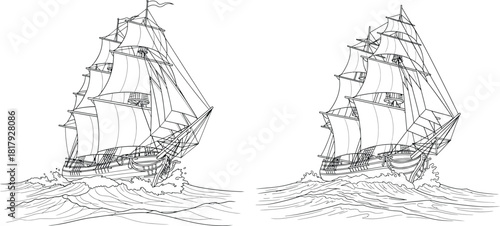 Majestic old sailing ship navigating stormy ocean waves, featuring detailed rigging and full sails for sea travel