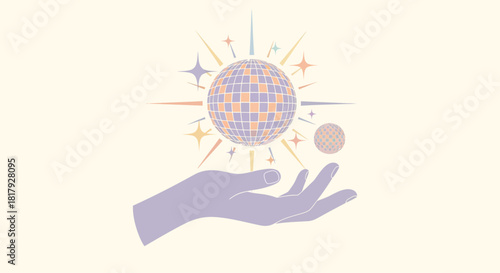 A celestial hand holds a shimmering disco ball, surrounded by sparkling starlight in a flat, retro-inspired graphic illustration