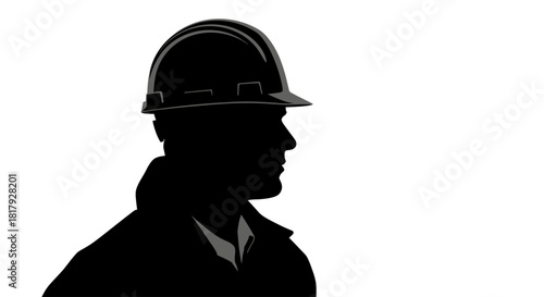A graphic silhouette of a male contractor in profile, wearing a safety helmet for construction or industrial work