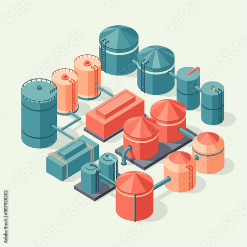 Isometric Industrial Plant Illustration with Tanks and Structures.