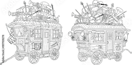 Ornate gypsy wagons overflow with musical instruments, creating a whimsical scene for a traveling circus orchestra