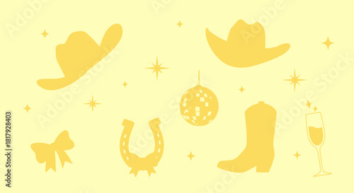 A festive collection of yellow country western party icons including a disco ball, cowboy hats, boots, and champagne for a celebration