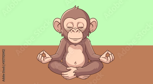 Adorable cartoon monkey character sitting in a yoga lotus pose, a cute chimpanzee illustration for mindfulness and zen relaxation