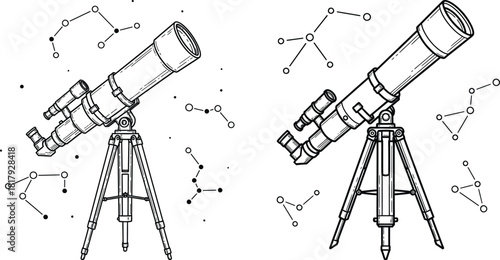 Pair of astronomical telescopes on sturdy tripods with abstract constellation patterns, symbolizing space exploration and learning